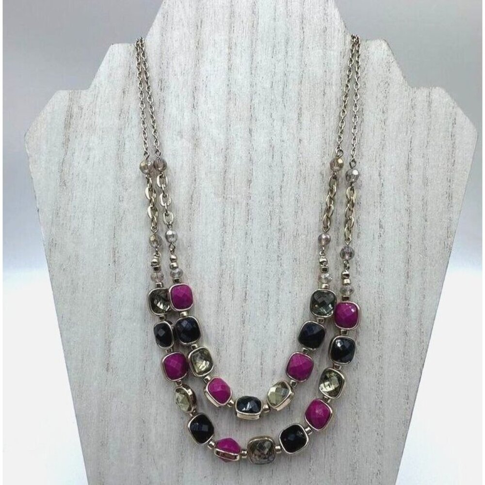 WHBM White House Black Market Necklace Gold Tone Black Fuschsia Faceted Beads